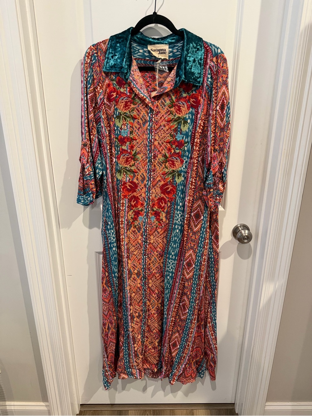NWT Savanna Jane Boho Embroidered Maxi Duster Jacket or Shirt Dress Size Large